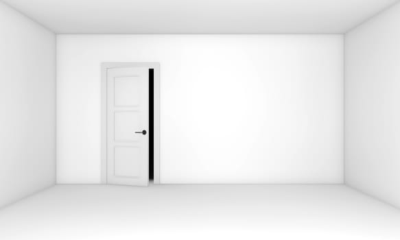 Ajar door in the empty white room