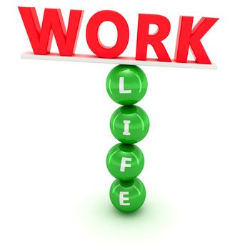 Unstable construction of red word "Work" on the green spheres with word  "Life"