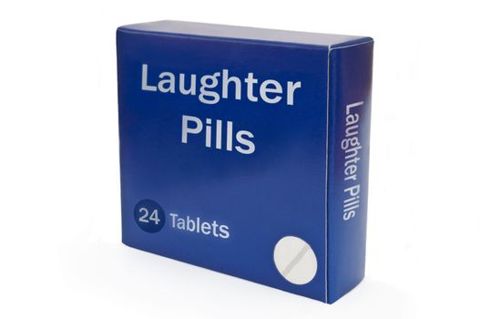 Close up on a blue medicine pack with the words 'Laughter Pills'. Arranged over white.