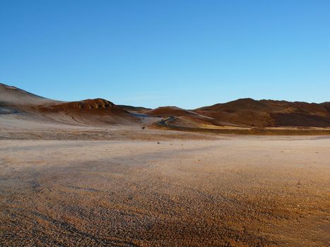 Curvy road in volcanic northern Iceland near Lake Myvatn