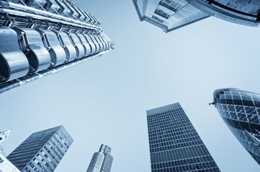 Skyscrapers in City of London.(Lloyd`s of London, Tower 42, Aviva and "The Gherkin")