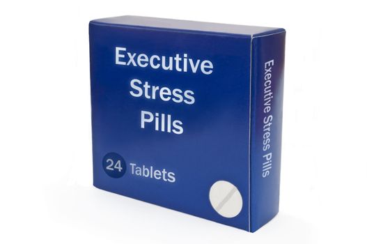 Close up on a blue tablet box showing the words 'Executive Stress Pills' arranged over white.