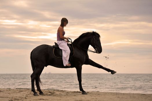 beautiful black stallion on the beach with young woman