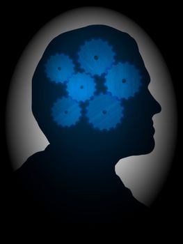 Illustrated profile of a man with cogs inside his head