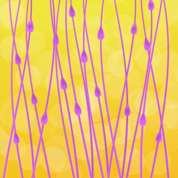 Purple twigs on the yellow blurred background, wallpaper pattern