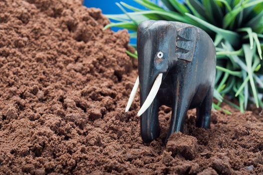 Wooden African elephant carving on sand with green plant and blue sky in the background