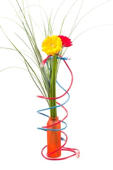 Conceptual shot of flowers and wires isolated on white