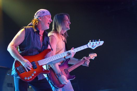 BRNO, CZECH REP., FEBRUARY-22: Steve Morse(R) and  Rodger Glover (L) from British band Deep Purple in performance at the hall Rondo February 22, 2006 in Brno, Czech Republic. The group arrived as part of tour for the new album Rapture Of The Deep.