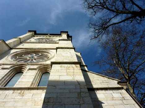 Side facade of protestant cathedral Saint-Pierre in Geneva, Switzerland