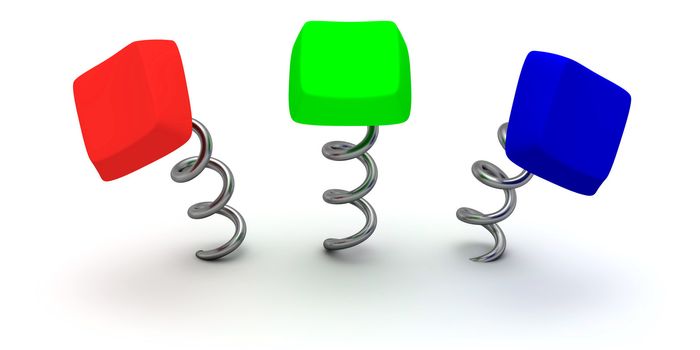 Three RGB-color computer keys on springs