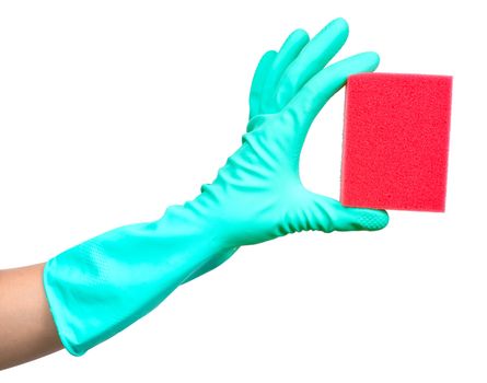 Green protective glove with red sponge, isolated on a white background