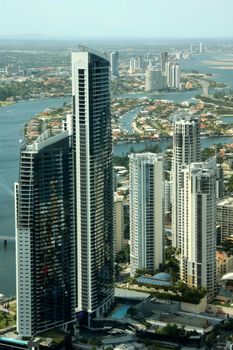 Aerial view of the famed Gold Coast in Queensland Australia looking from Surfers Paradise down to Coolangatta.