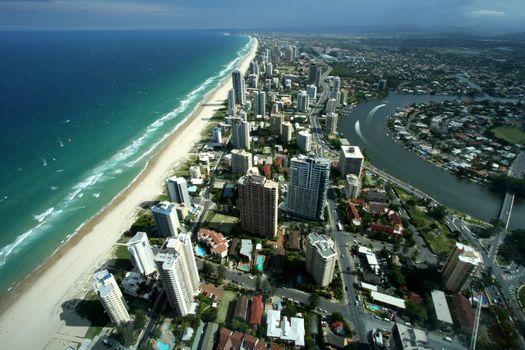 Aerial view of the famed Gold Coast in Queensland Australia looking from Surfers Paradise down to Coolangatta.