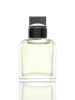 Perfume bottle with reflection, on white background.