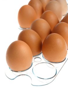 Brown eggs on a acrylic transparent stand isolated on white background.