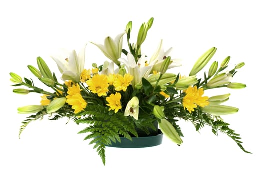 Yellow daisy and white flowers arrangement isolated on white background.