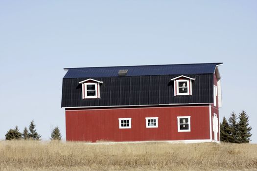 Large red barn in the country