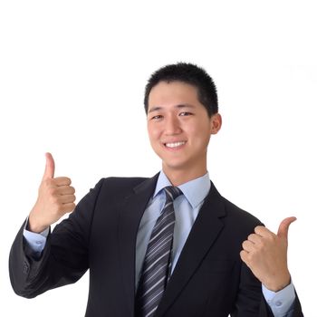Young business man with joy and happy expression, closeup portrait with copyspace on white.