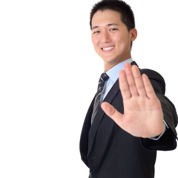 Happy Asian business man with reject gesture and smiling expression, closeup portrait with copyspace on white.