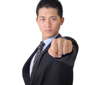 Confident Asian business man with fist, closeup portrait on white background.