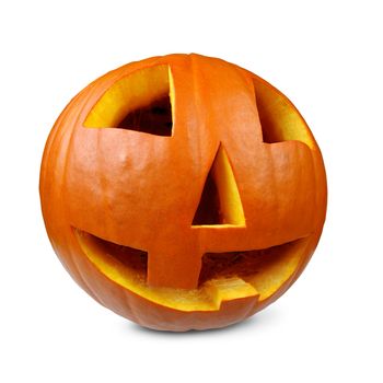 Photo of a carved happy pumpkin on a white background.  Shot with fisheye lens so the pumpkin looks round.