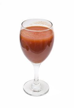 A cup of tomato juice on a white background.