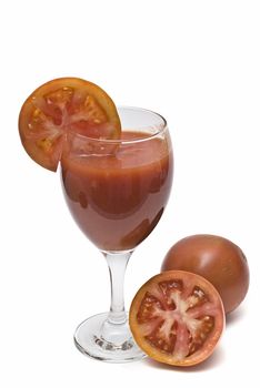 A cup of tomato juice on a white background.