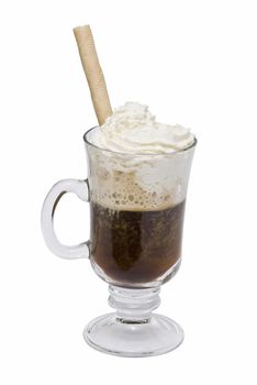 A cup of coffee with whipped cream on a white background.