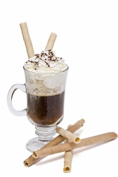 A cup of coffee with whipped cream on a white background.