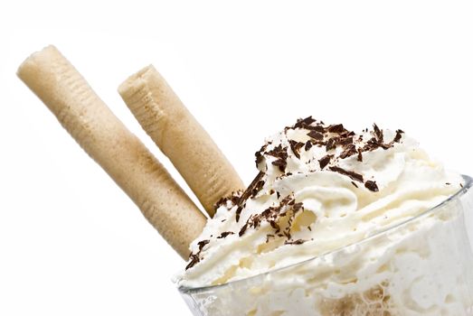 A cup of coffee with whipped cream on a white background.