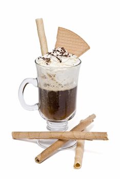 A cup of coffee with whipped cream on a white background.