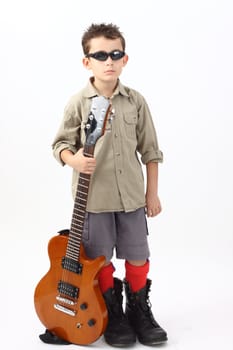 boy with a guitar on a white background 