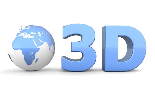 metallic blue word 3D with a 3D globe - front view