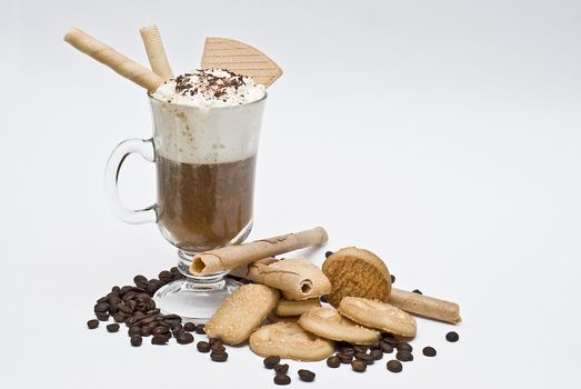 A cup of coffee with whipped cream on a white background.