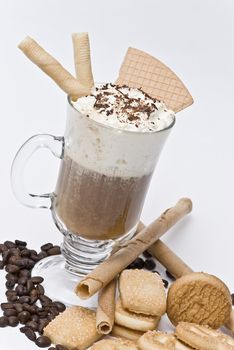 A cup of coffee with whipped cream on a white background.