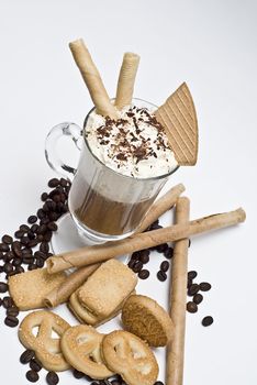 A cup of coffee with whipped cream on a white background.