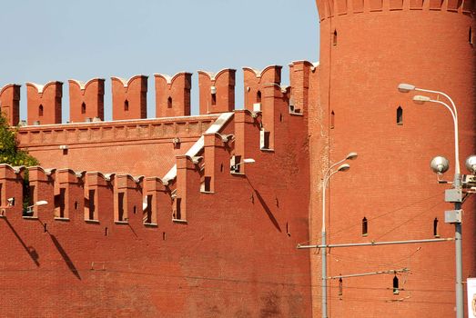 Kremlin red brick wall and tower fragment, Moscow, Russia