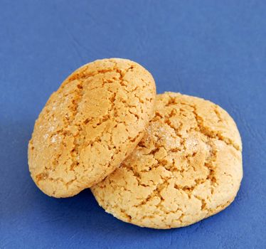 two fresh appetizing oatmeal cookies over blue background