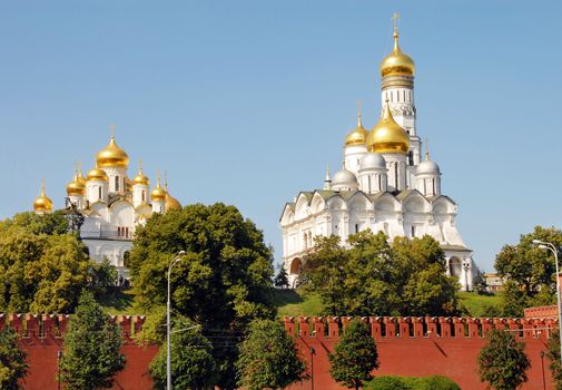 Cathedral of the Annunciation, Ivan the Great Bell Tower and Assumption Belfry surrounded by Moscow Kremlin wall