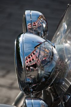 Motorbike Lamp City Reflection in a Street of Oslo, Norway