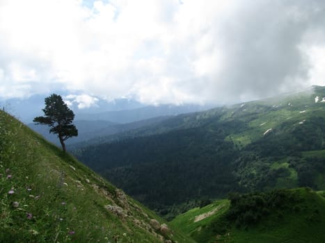 Mountains; rocks; a relief; a landscape; a hill; a panorama; Caucasus; top; a slope; clouds; the sky; a landscape