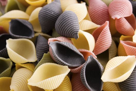 Close up of multicolored pasta shells filling entire frame. 