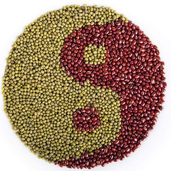 Mung and azuki beans in shape of yin yang