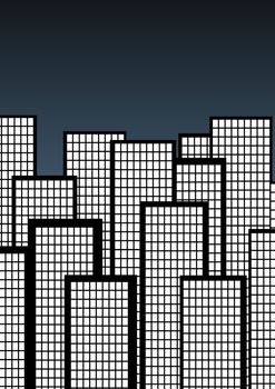 Illustrated city over a blue gradient background 