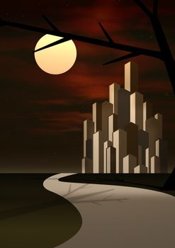 Illustration of a scene of a city on the horizon 
