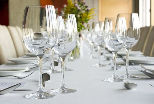 Banquet table setting in gourmet restaurant