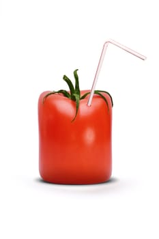 carton shaped tomatoe with straw over white