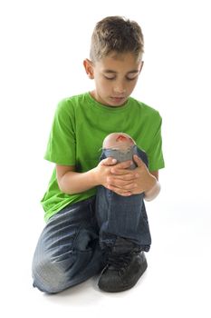 a young boy with a painful leg on white