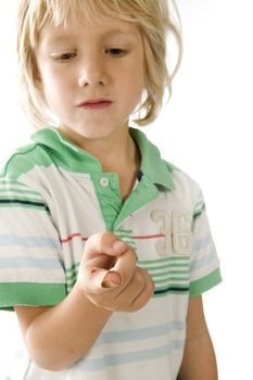 a young boy with a painful finger on white