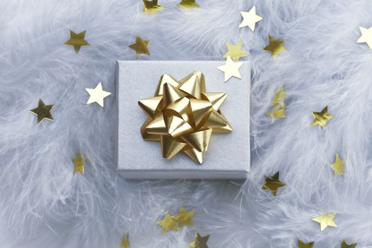 gift with decorative gold ribbon and stars on feather